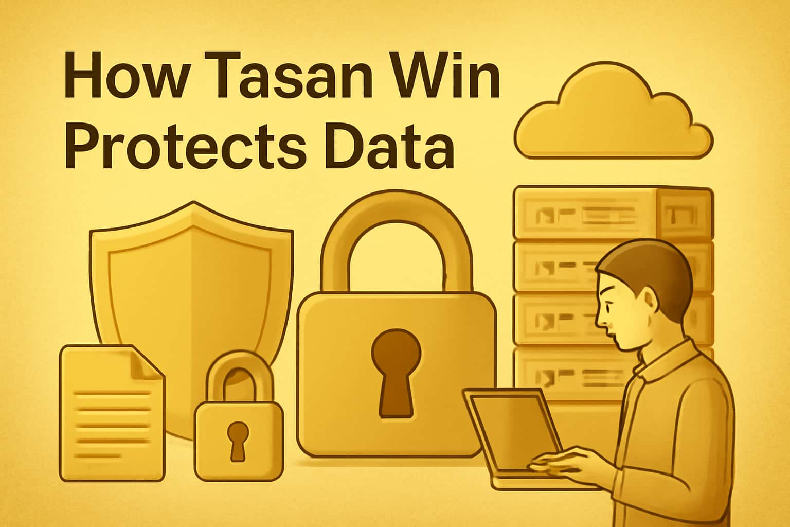 An informative scene illustrating Tasan Win's data protection methods with a focus on security.