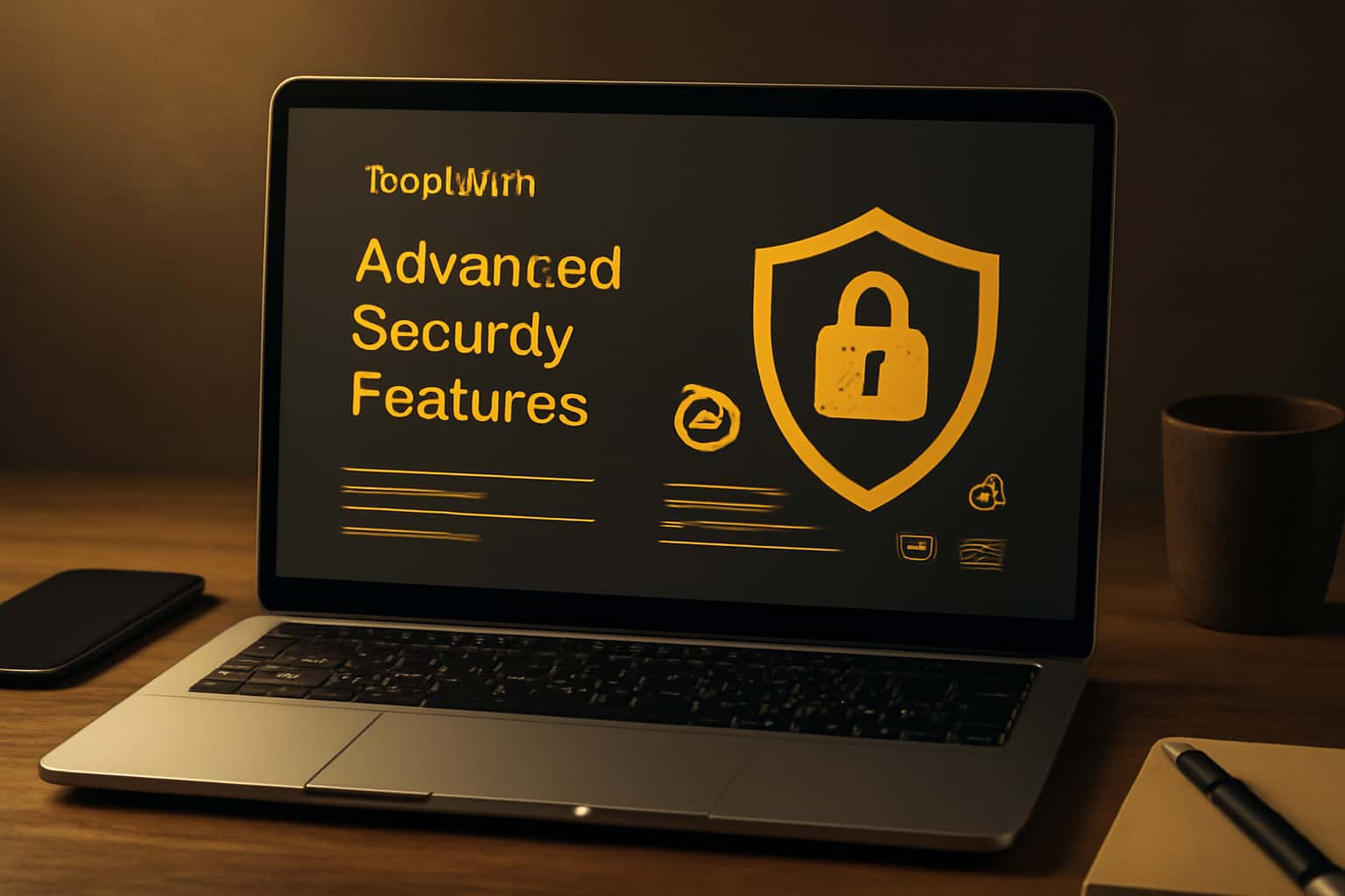 An informational representation of Tasan Win Advanced Security Features with a futuristic design.